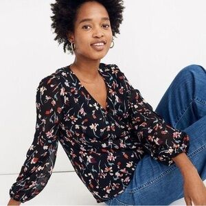 New! Madewell Shirred-Sleeve V-Neck Top Drifting Flowers XS Floral Chiffon